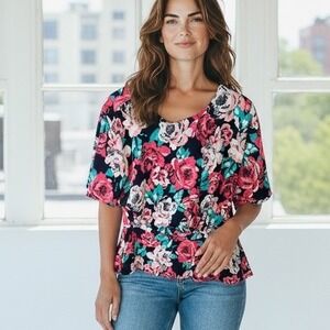 Jaclyn Smith Womens Floral Print Peplum Top Navy Pink Teal Size 14